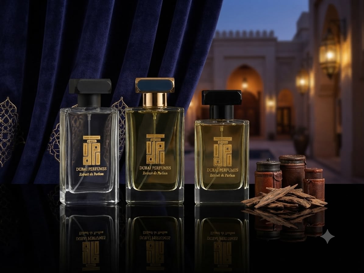 Dubai Perfumes Kollektion vor orientalischem Palast